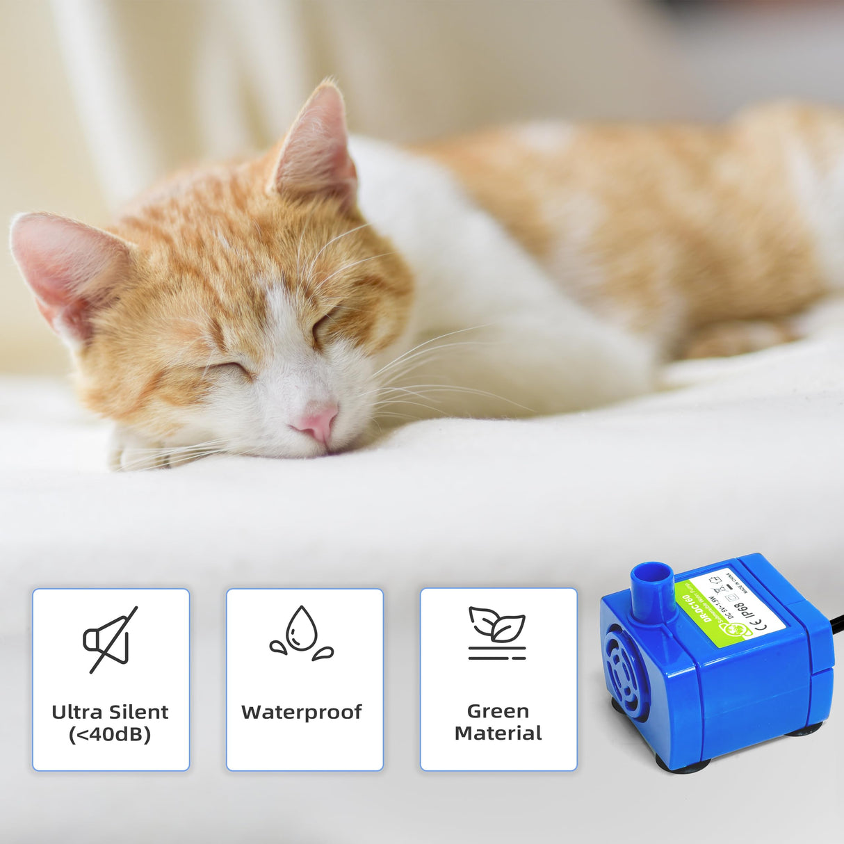 IP68 DR-DC160 submersible water pump Cat Water Fountain Pump for Tritone Ceramic, Stainless Steel, Round Flower Cap Cat Fountains, Automatic Pet Water Dispenser Replacement Pump (With LED)