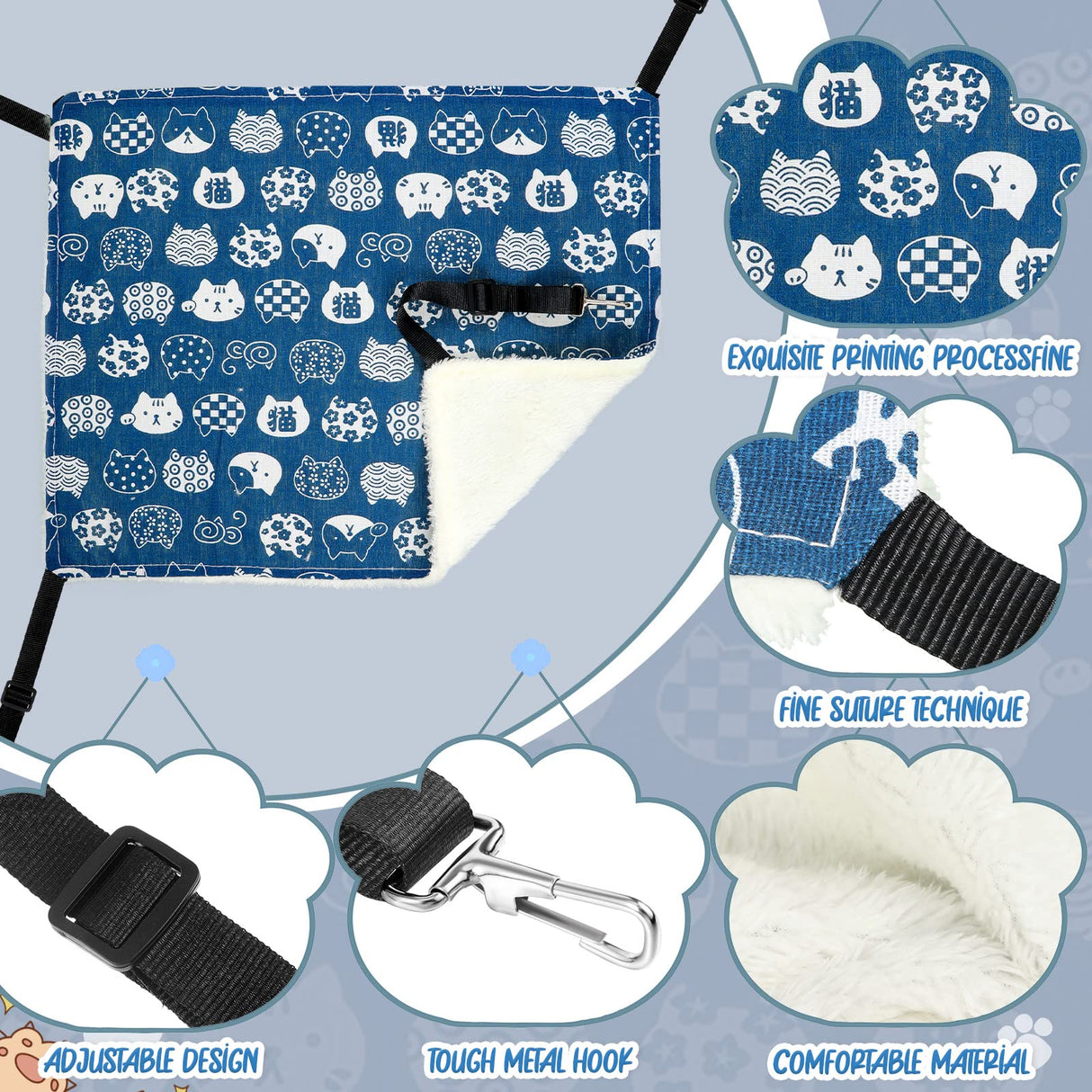 BBTO 3 Pcs Reversible Pet Hammock Soft Plush Cat Hanging Hammock Guinea Pig Bed Rat Cage Accessories for Puppy Dog Piggy Kitten Ferret Rabbit Other Small Animals(Cat)