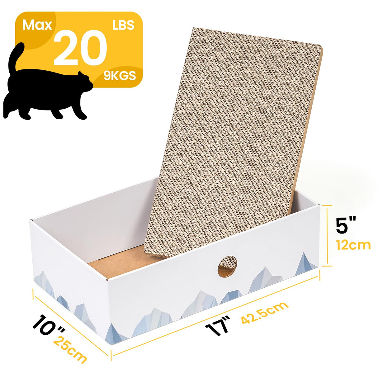 Conlun Cat Scratcher Box with Heavy-Duty Double-Sided Cardboard Pad, Cardboard Lounger, Interactive Hole Design, Cat Bed for Indoor Cats, White, Large
