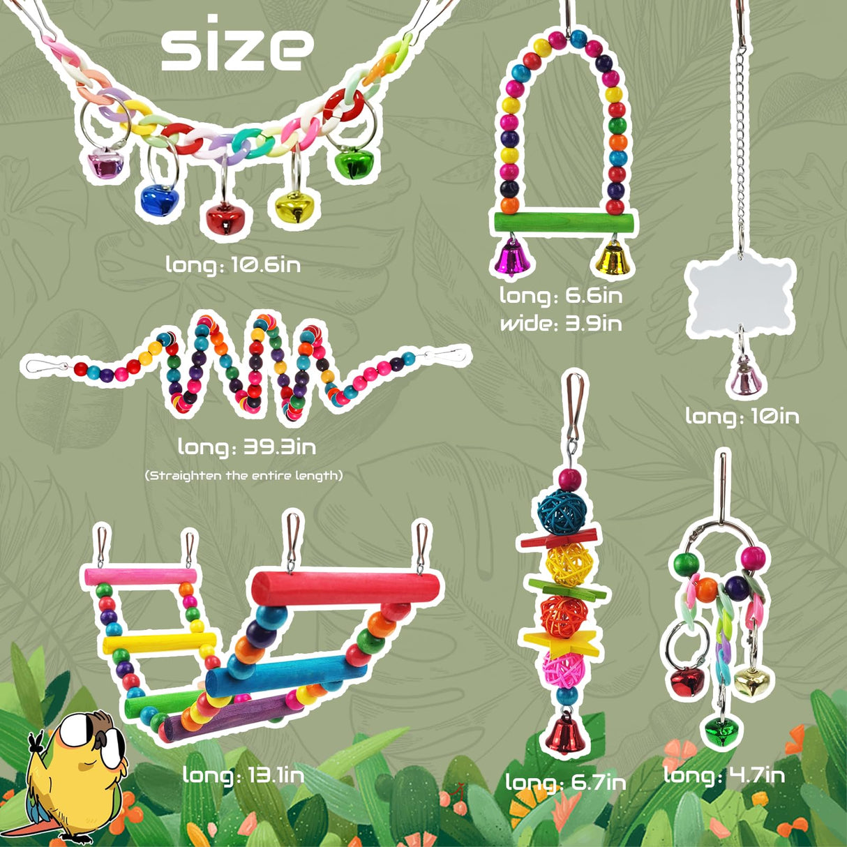 Parakeet Toys,7 Pcs Colorful Bird Toys for Parakeets,Pet Bird Cage Hammock Swing Climbing Ladders Chewing Toy Mirror Hanging Bell Wooden Perch for Budgerigar,Conures, Love Birds,etc