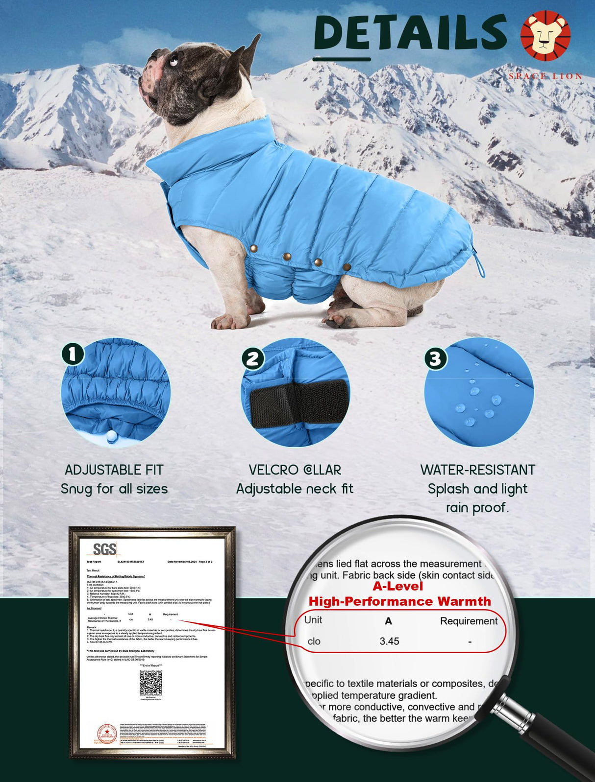 SPACE LION Dog Puffer Jacket, Down Winter Coat, Durable Outdoor Coat for Cold and Windy Conditions, Waterproof, Lightweight Jacket, Adjustable Fit for Small, Medium, Large Dogs(Blue,10/S)