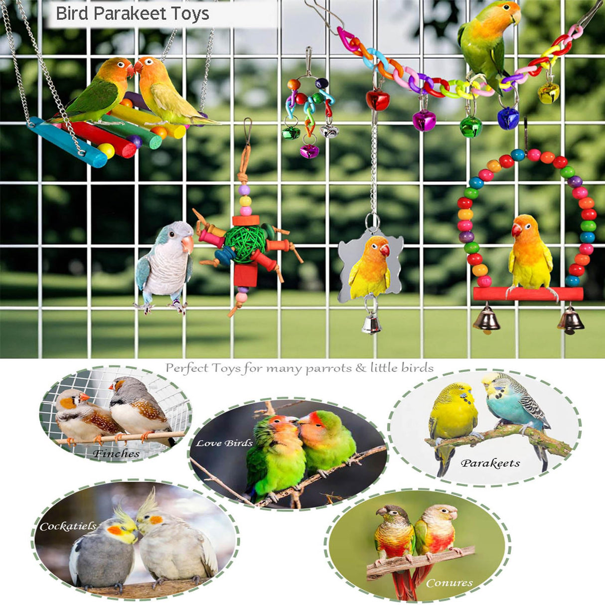 ESRISE 8 Pcs Parakeet Cockatiel Bird Toys, Parrots Cage Accessories Swing Wooden Perch Chewing Toy for Budgerigar, Conures, Love Birds, Finches, Budgies