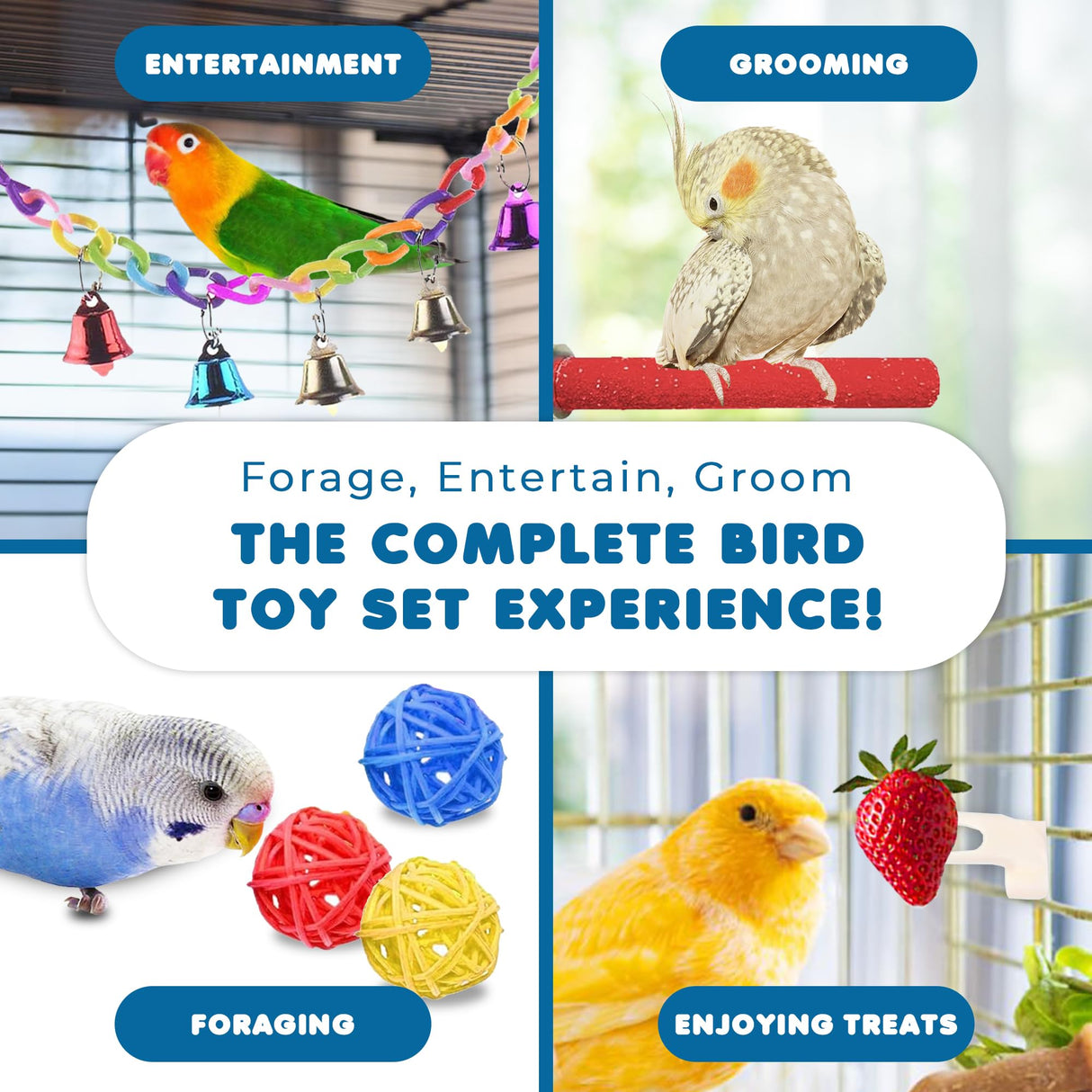 SunGrow Parrot Swing and Perch Bundle, Keep Birds from Hatching Plans for World Domination with Joyful Colorful Items for Love Birds, Conures, Cockatiels, Finches, Parakeets, 12 Pieces