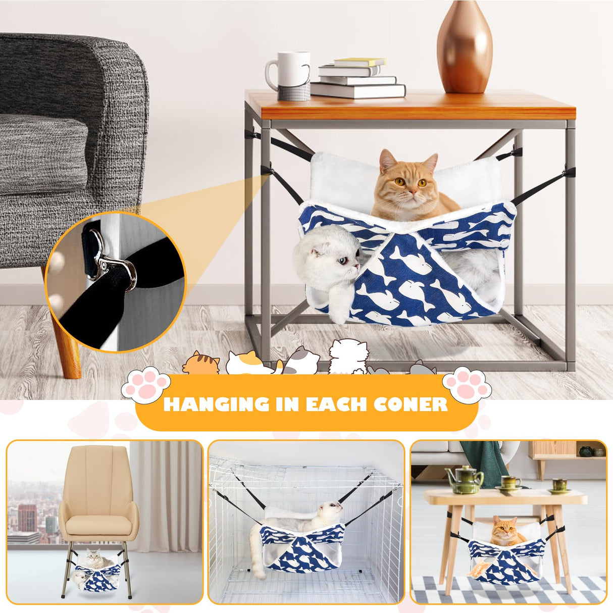 Mengbei tribe Cat Hammock for Cage Hanging Cat Bed with Adjustable Strap and Metal Hooks, for Winter and Summer Use - Small Animals Soft Sleeping Hammock Accessory