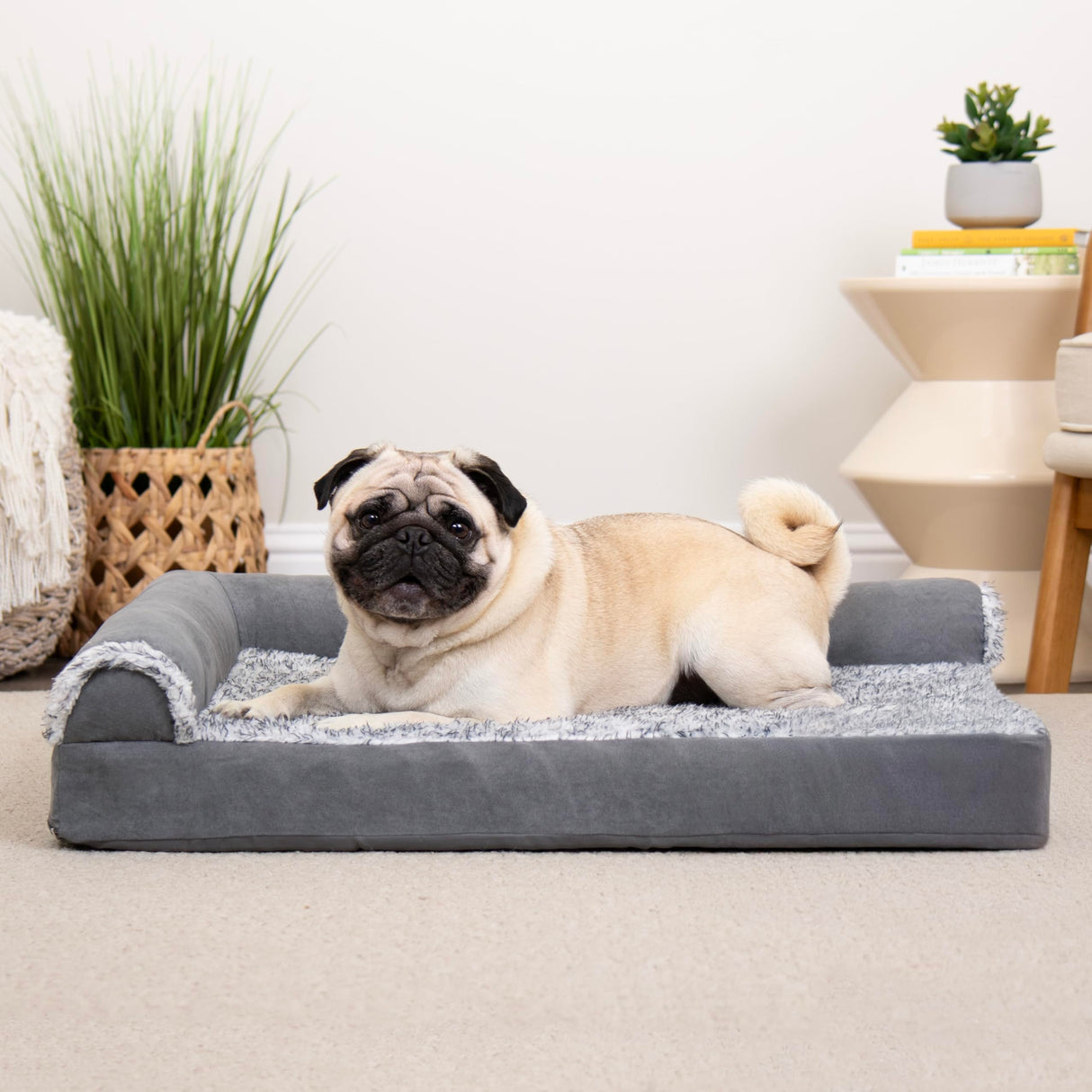 Furhaven Orthopedic Dog Bed for Medium/Small Dogs w/ Removable Bolsters & Washable Cover, For Dogs Up to 35 lbs - Two-Tone Plush Faux Fur & Suede L Shaped Chaise - Stone Gray, Medium