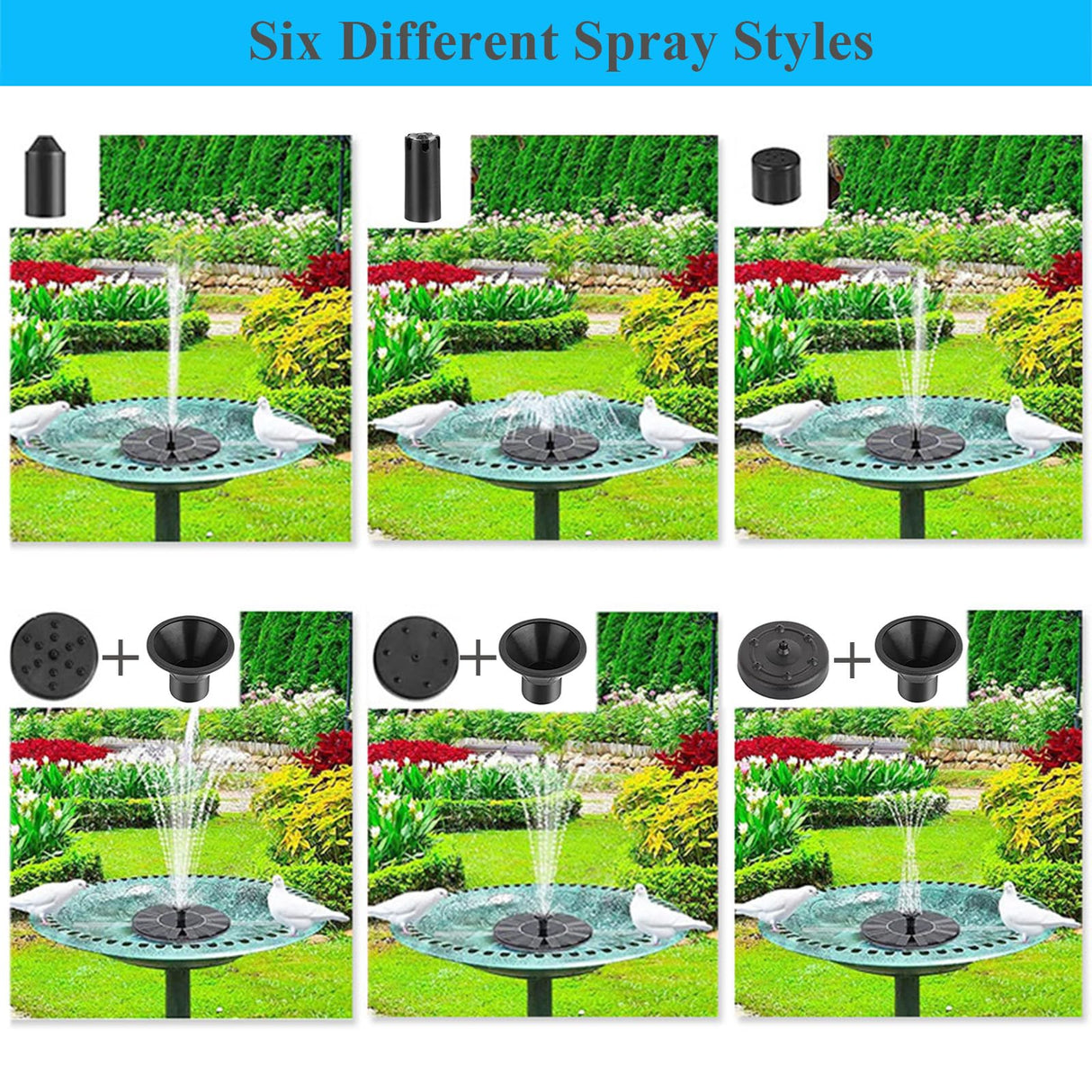 Cookayler Solar Bird Bath Fountain Pump with 6 Nozzle and Anti-Collision Pole,1.4w Solar Powered Free Standing Floating Water Pump for Fish Tank, Pond, Pool, Garden and Outdoor