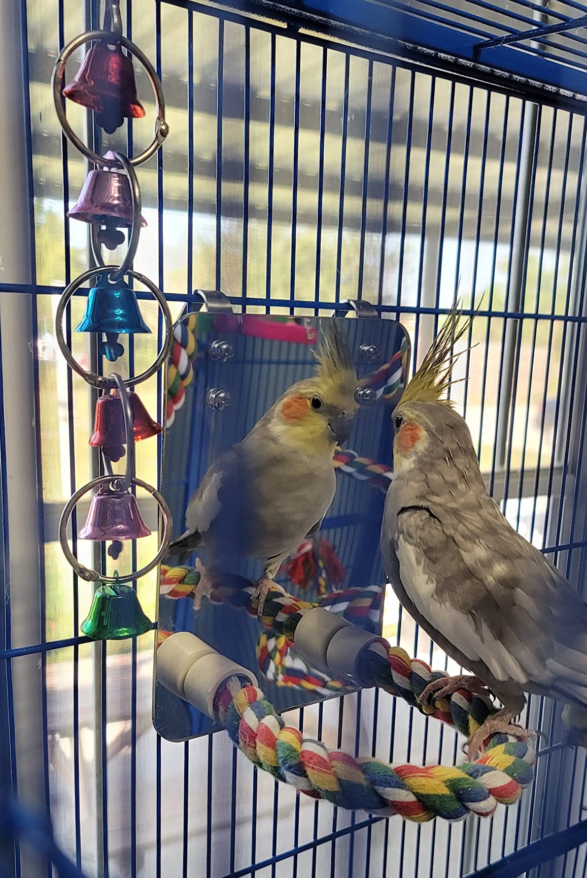 LOPERDEVE 7" Bird Mirror with Rope Perch Bird Toys Swing, Comfy Perch for Greys Amazons Parakeet Cockatiel Conure Lovebirds Finch Canaries