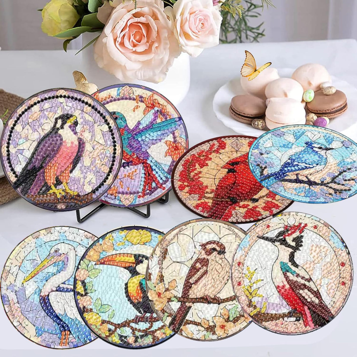 croshom 8 PCS Birds Diamond Art Coasters Diamond Painting Coasters Kits with Holder, Birds DIY Coasters for Adult Beginners, Diamond Art Crafts Supplies