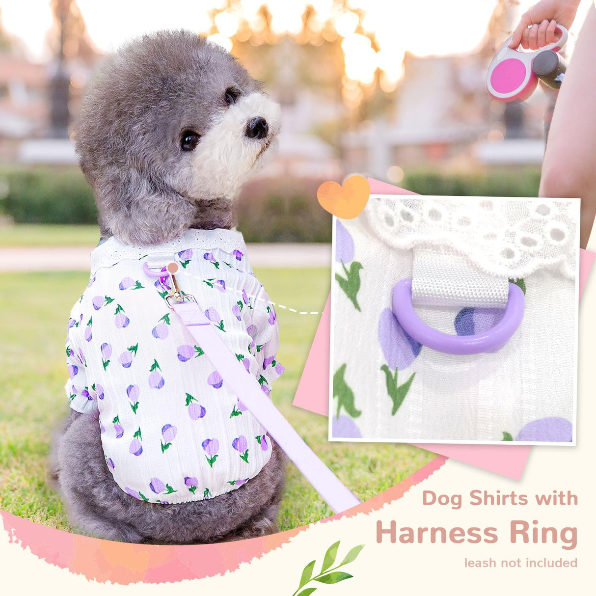 ABRRLO Cute Dog Shirts for Small Dog Clothes Girls Pink Puppy Cat Shirts with Harness D Ring Floral Female Doggy Outfits Pet Clothes for Mini Dachshund Shih tzu Teacup Chihuahua Maltese