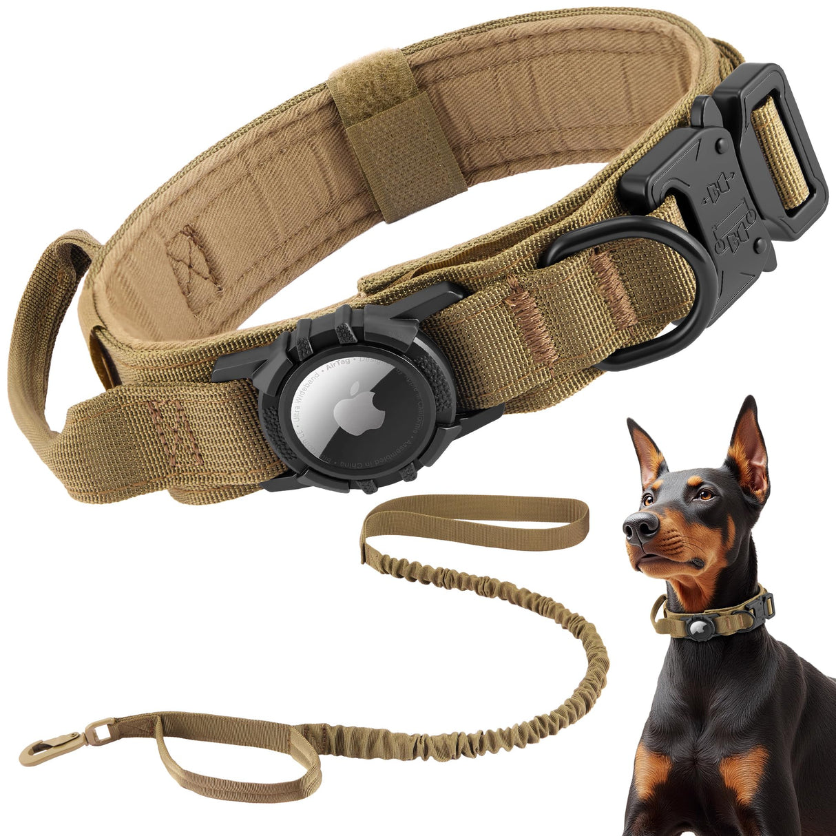 Tactical AirTag Dog Collar Leash Set - Heavy Duty, Adjustable GPS Collar Compatible with Apple AirTag, with Holder & Control Handle for Medium/Large Dogs [ Brown, M ]