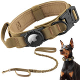 Tactical AirTag Dog Collar Leash Set - Heavy Duty, Adjustable GPS Collar Compatible with Apple AirTag, with Holder & Control Handle for Medium/Large Dogs [ Brown, M ]