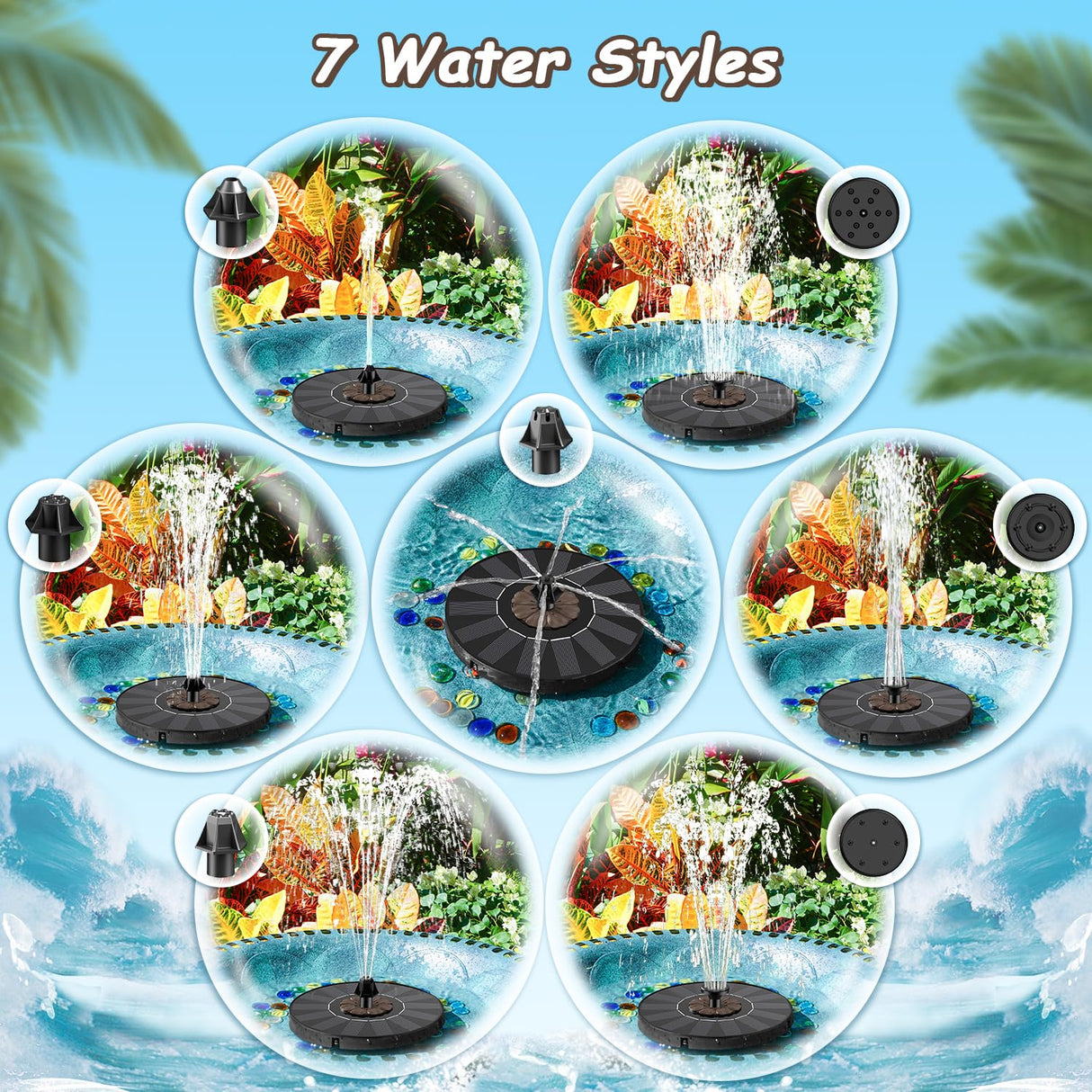 Yzert Solar Fountain Coffee Flower, 2025 Upgrade Floating Solar Water Fountain Pump with 4 Fixers & 7 Nozzles for Bird Baths, Ponds, Pools, Gardens, Patios, Outdoors&Flower Pots