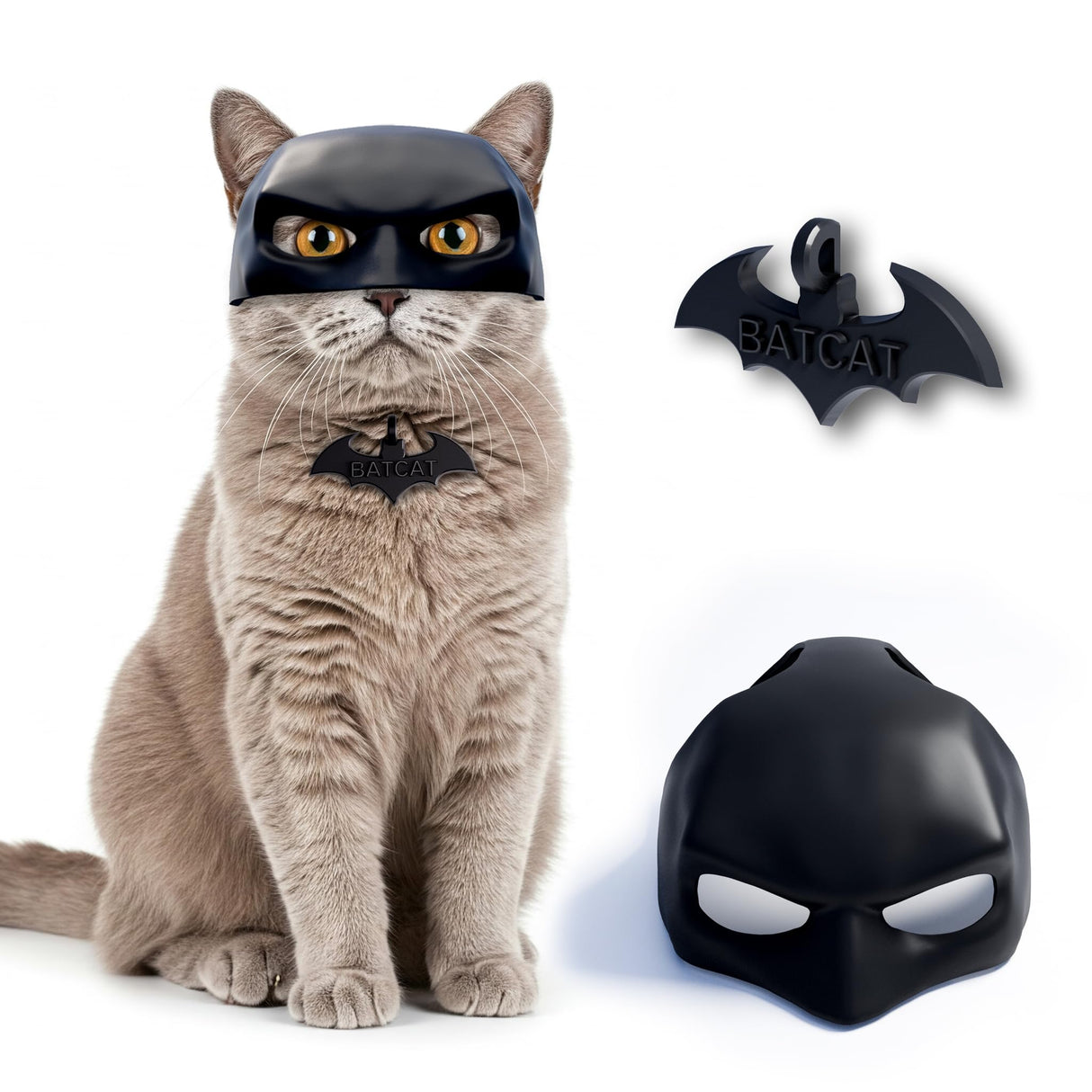 Black BatCat Cosplay Mask for Cats – Extra Thick Durable Pet Costume, Comfortable Halloween Apparel, Funny Superhero Hat, Catman Mask, Handmade Cat Outfit (Medium)
