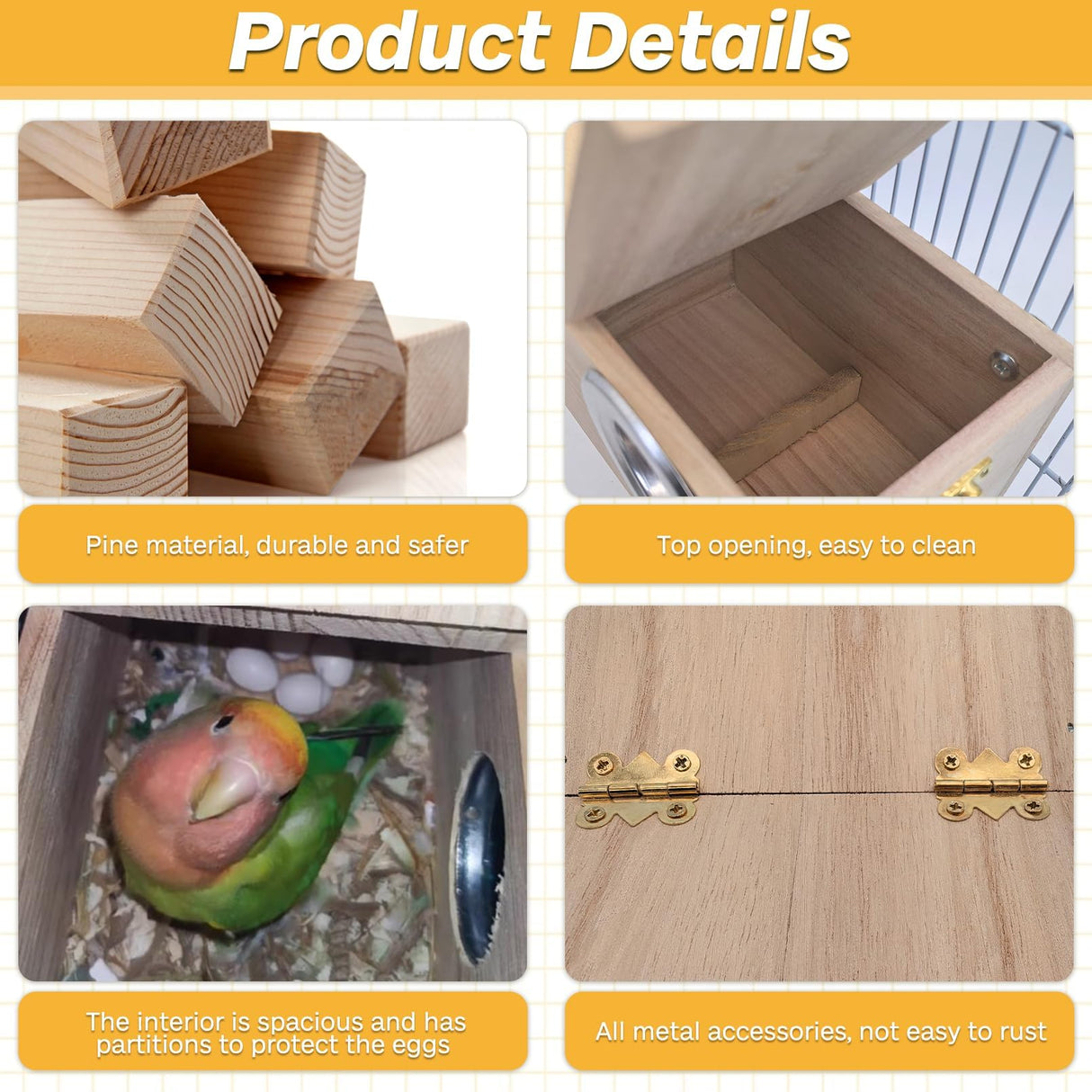 PINVNBY Parakeet Nesting Box Bird House for Cage Wood Mating Box Bird Breeding Box for Lovebirds, Cockatoo, Budgie, Finch, Canary Small and Medium Sized Birds (M:7.9 * 4.7 * 4.7 inch)