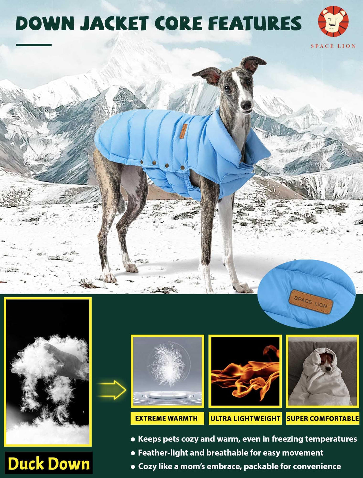 SPACE LION Dog Puffer Jacket, Down Winter Coat, Durable Outdoor Coat for Cold and Windy Conditions, Waterproof, Lightweight Jacket, Adjustable Fit for Small, Medium, Large Dogs(Blue,10/S)