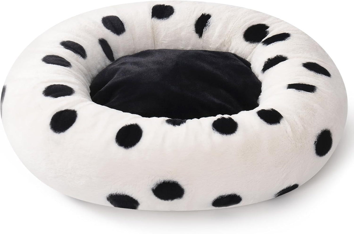MEWOOFUN Donut Cat Bed For Indoor Cats - 23 Inch Round Washable Pet Bed With Non-Slip Bottom, Plush Fluffy Small Dog Bed For Puppies & Kittens, Black Dot