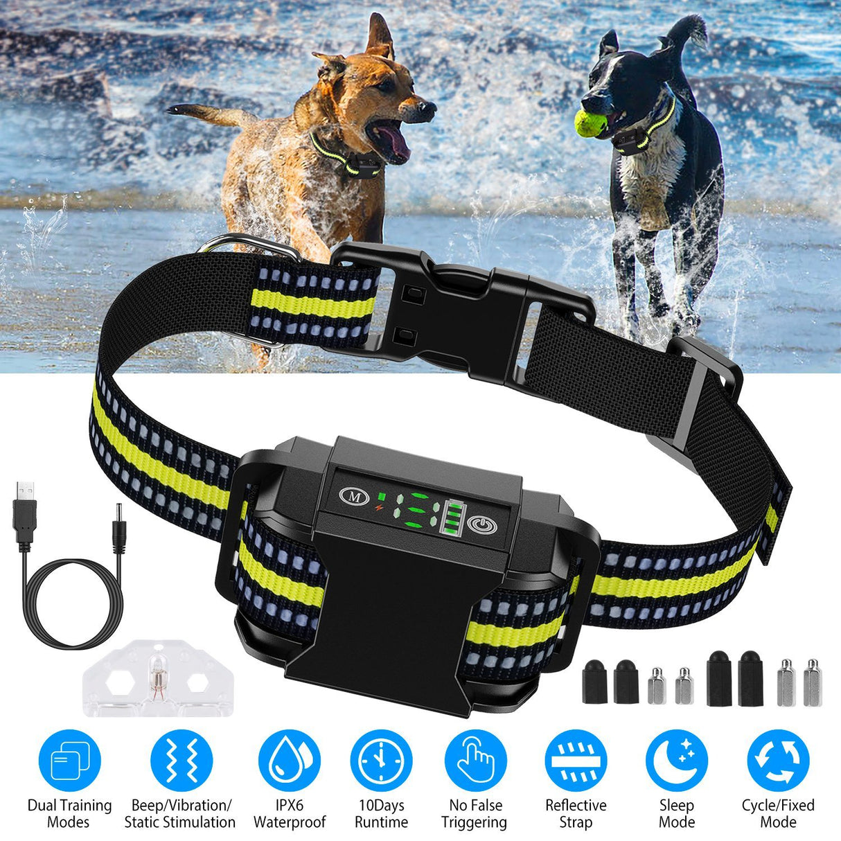 Dog Bark Collar Rechargeable Waterproof Beep Vibration Static Stimulation Bark Stopper Automatic Identification Collar With 6 Intensity Dual Modes
