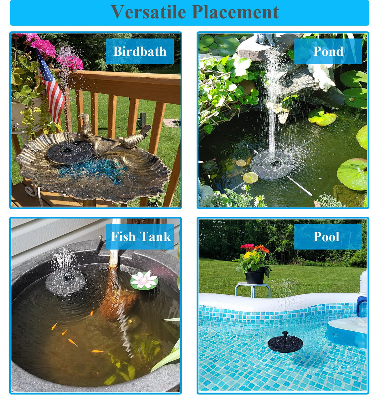 Cookayler Solar Bird Bath Fountain Pump with 6 Nozzle and Anti-Collision Pole,1.4w Solar Powered Free Standing Floating Water Pump for Fish Tank, Pond, Pool, Garden and Outdoor