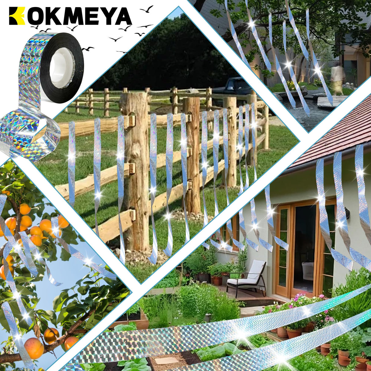 KOKMEYA Bird Scare Tapes 262FT*1 Reflective Flash Tape for Birds, Bird Scare Device Double Side Ribbon Scare Birds Away for House, Garden, Yard, Orchard, Patio, Outdoor