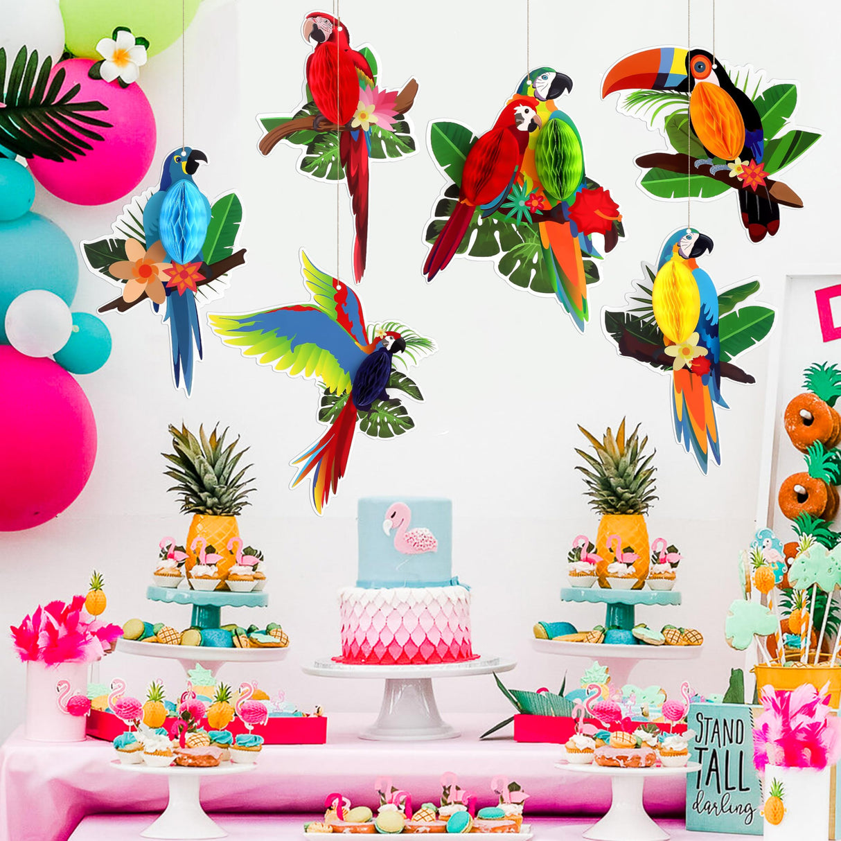 6 Pieces Tropical Birds Parrot Honeycomb Cutouts - Hawaiian Luau Tropical Party Decorations for Summer Beach Jungle Safari Rainforest Theme Birthday Party Home Classroom Décor