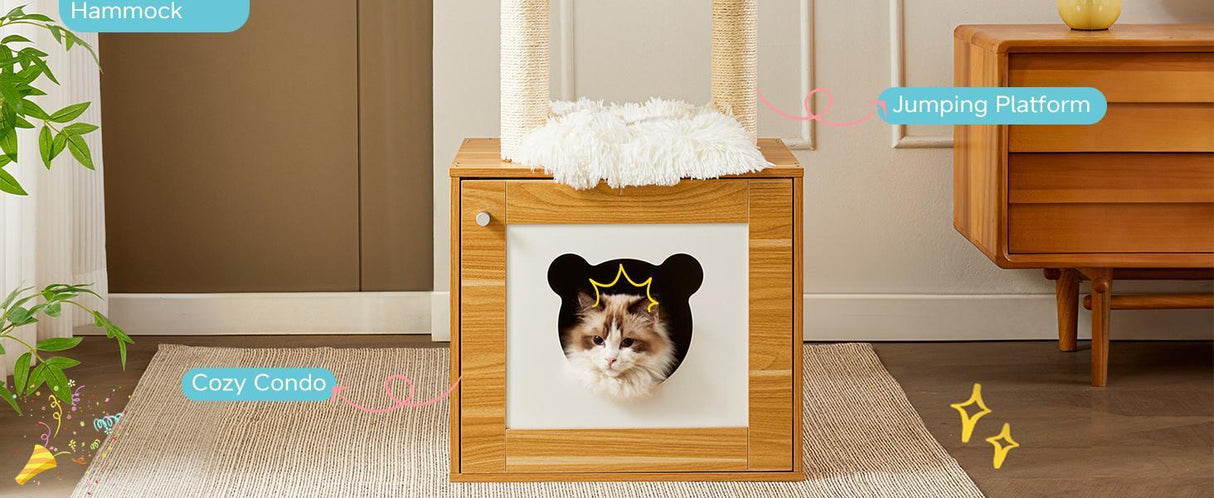 Solid Wood Cat Tree And Tower With Litter Box, Cat Scratching Board And Hammock For Indoor Large Cats