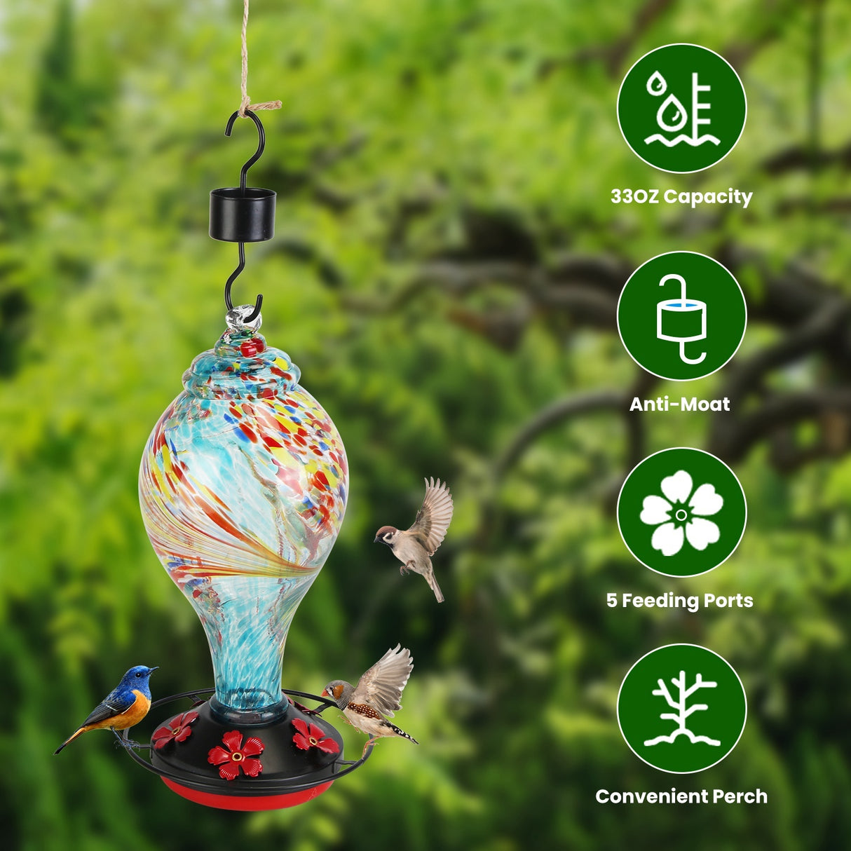 1Pc Glass Hummingbird Feeder 33OZ Hand Blown Hummingbird Feeder With 5 Flower Feeding Port Perch Ant Moat Hanging Hook S Hook Hemp Rope Cleaning Brush For Garden Decor