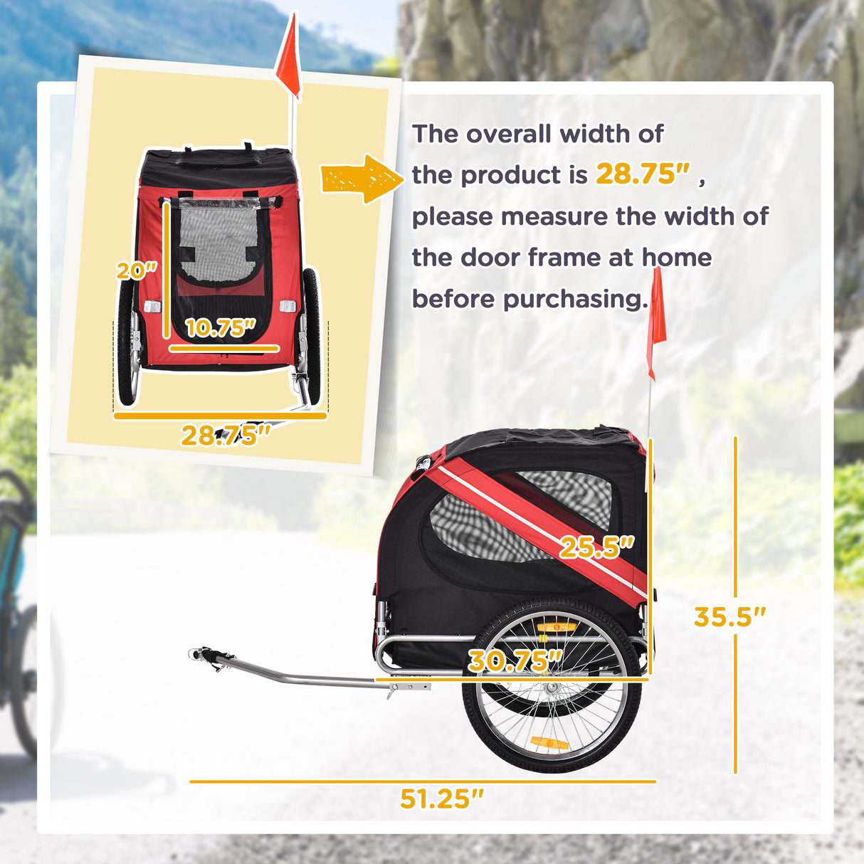 Dog Bike Trailer With Easy Folding Cart Frame, Large Wheels, 3 Entrances, Mesh Screen, For Dogs Within 44 Lbs, Red & Black