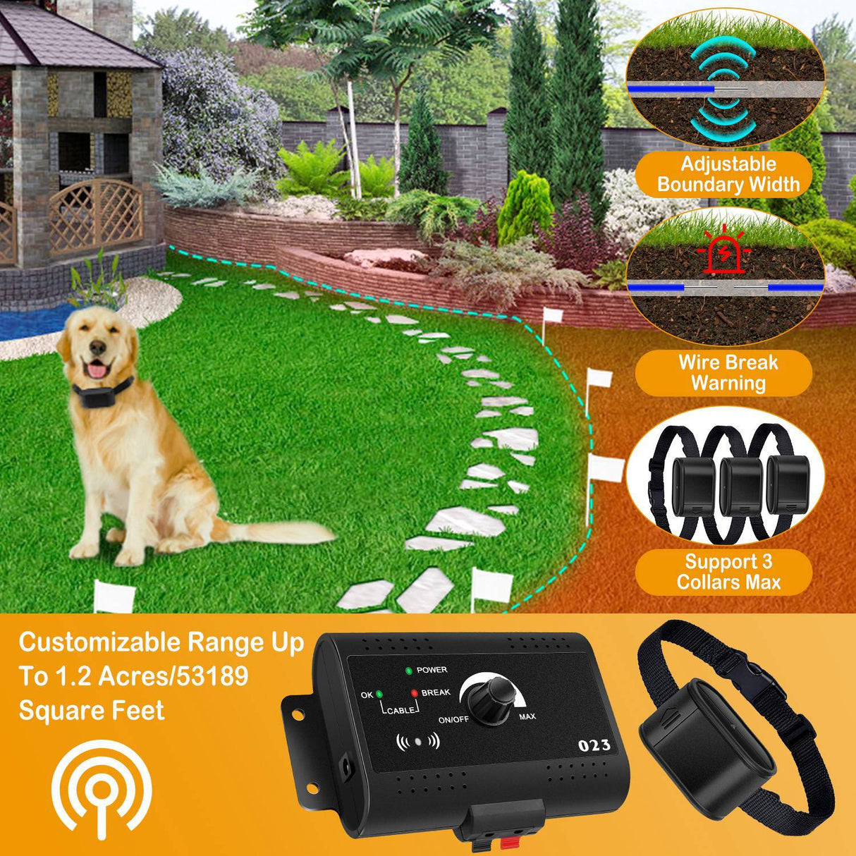 1Set Electric Dog Fence System Pet Tone Shock Boundary Containment Water Resistant Collar Receiver For Small Medium Large Dog
