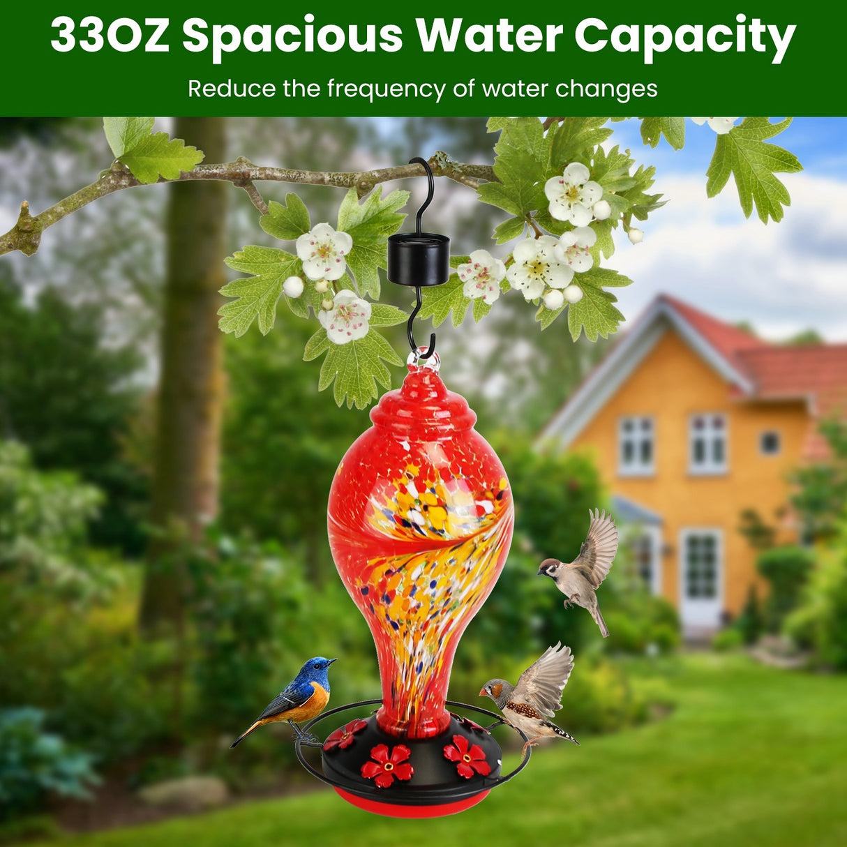 1Pc Glass Hummingbird Feeder 33OZ Hand Blown Hummingbird Feeder With 5 Flower Feeding Port Perch Ant Moat Hanging Hook S Hook Hemp Rope Cleaning Brush For Garden Decor