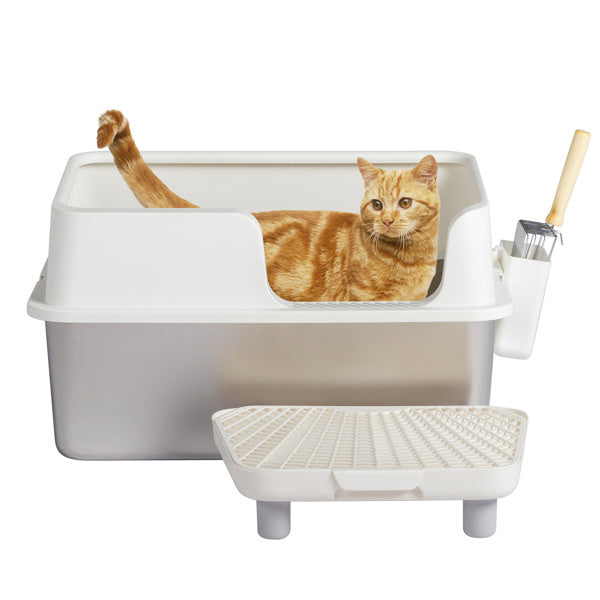 Stainless Steel With Plastic, Buckle Style With Shovel, Foot Pad, White Litter Box
